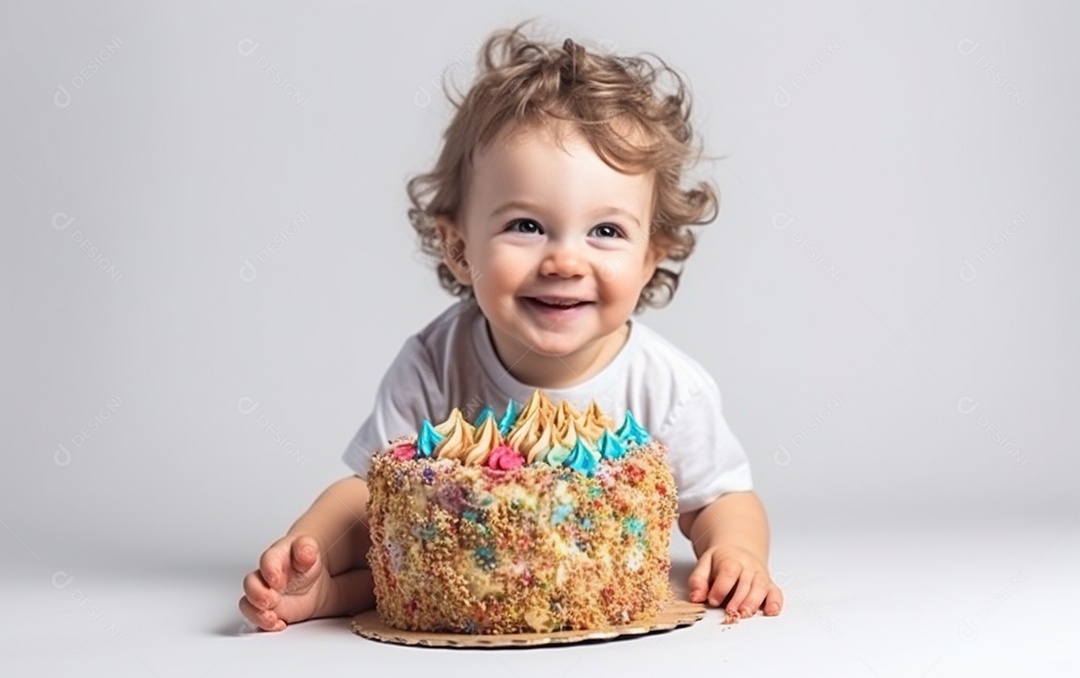 Lindo menino sorridente segurando uma criança de bolo de aniversário