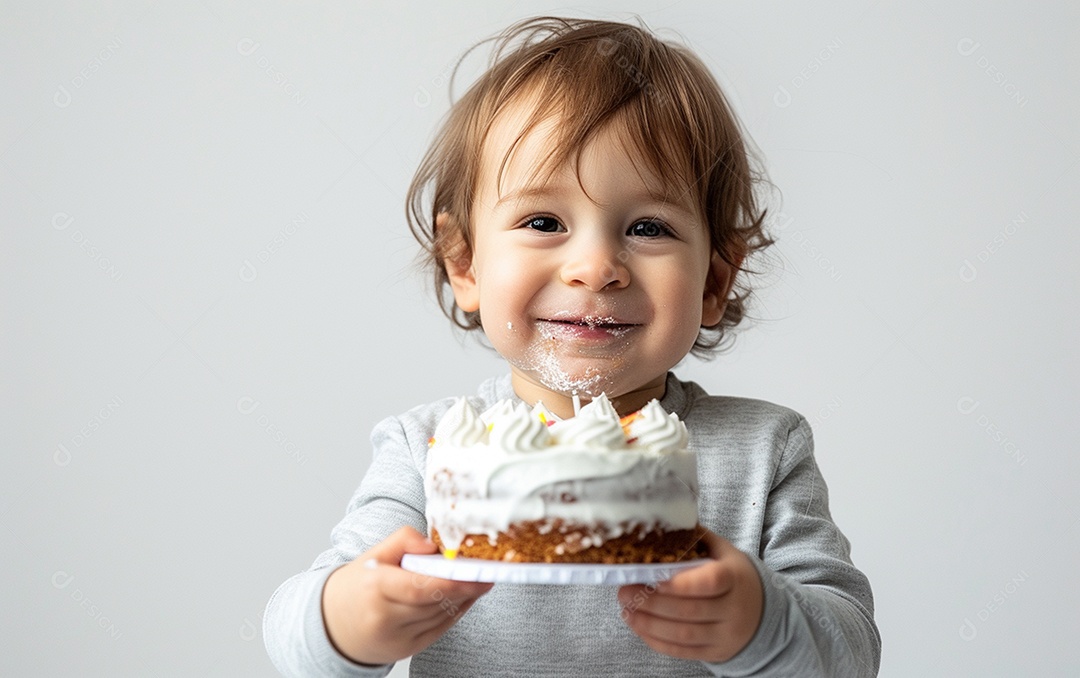 Lindo menino sorridente segurando uma criança de bolo de aniversário