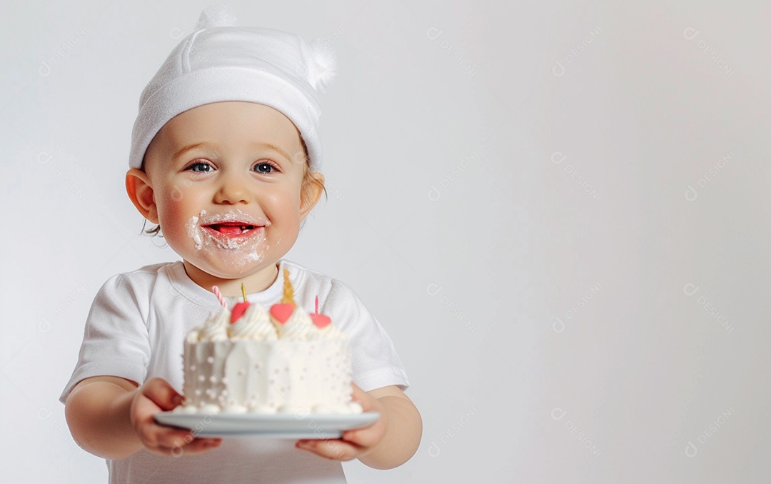 Lindo menino sorridente segurando uma criança de bolo de aniversário