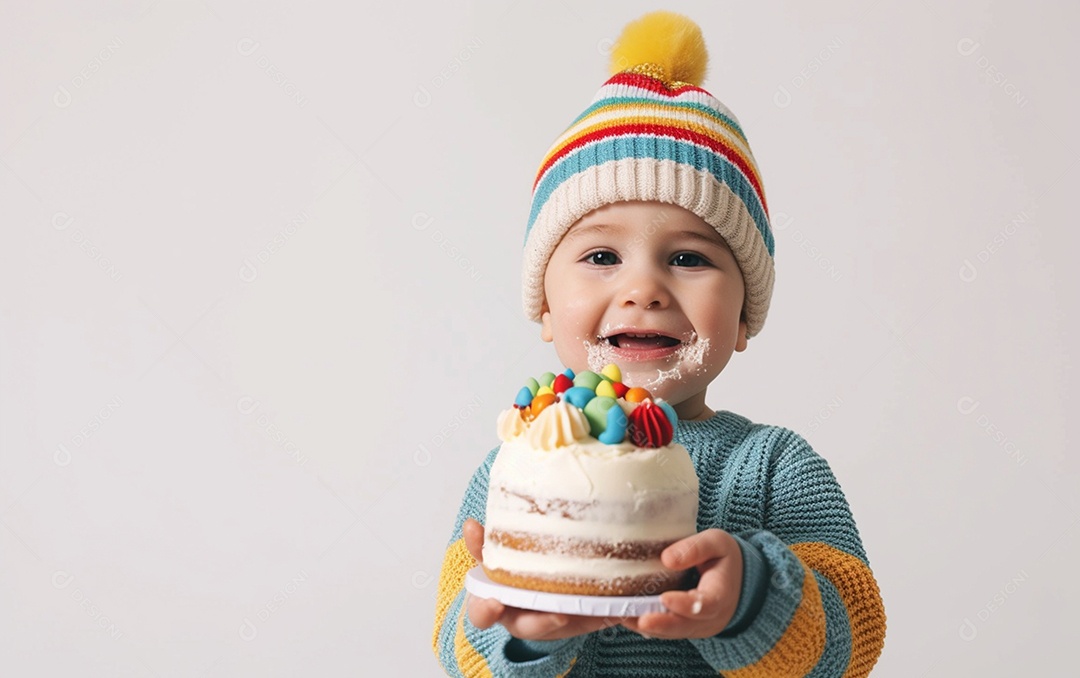 Lindo menino sorridente segurando uma criança de bolo de aniversário