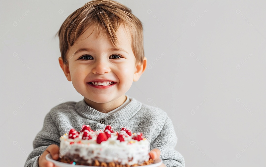 Lindo menino sorridente segurando uma criança de bolo de aniversário