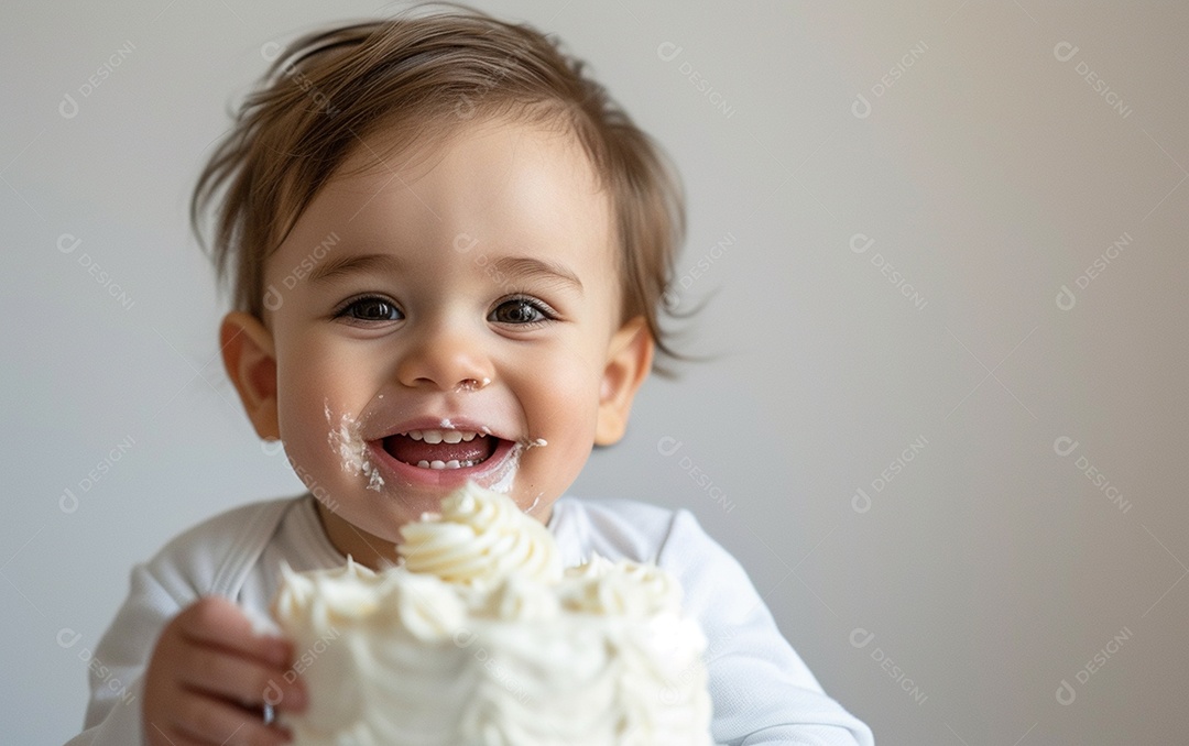 Lindo menino sorridente segurando uma criança de bolo de aniversário