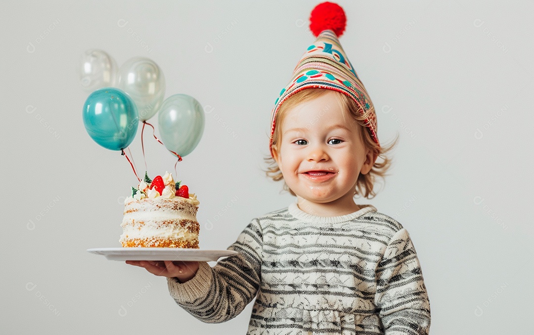 Lindo menino sorridente segurando uma criança de bolo de aniversário