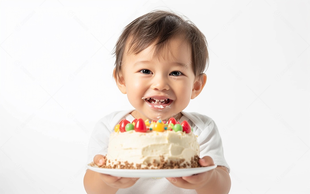 Lindo menino sorridente segurando uma criança de bolo de aniversário