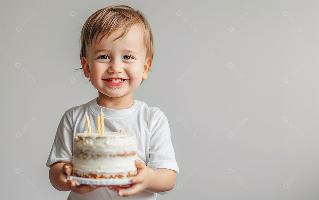 Lindo menino sorridente segurando uma criança de bolo de aniversário