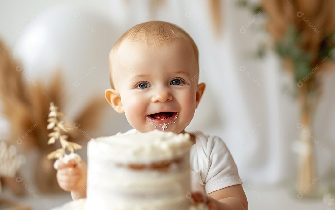 Lindo menino sorridente segurando uma criança de bolo de aniversário