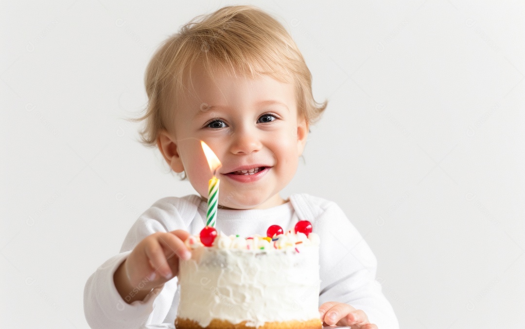 Lindo menino sorridente segurando uma criança de bolo de aniversário
