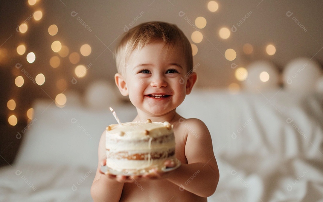 Lindo menino sorridente segurando uma criança de bolo de aniversário