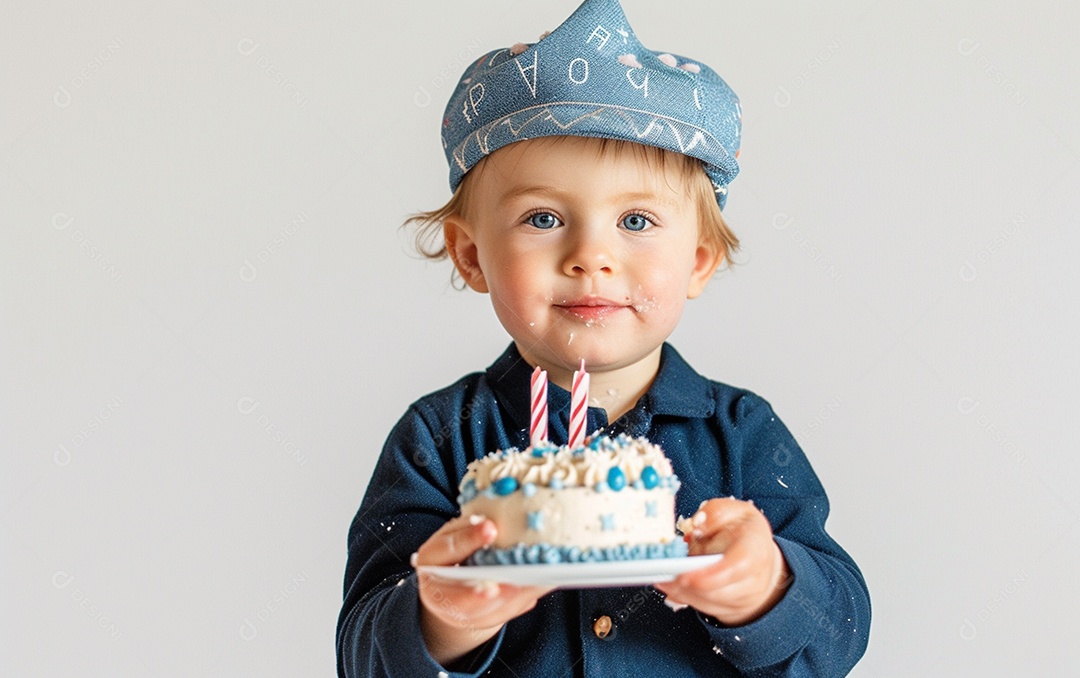 Lindo menino sorridente segurando uma criança de bolo de aniversário