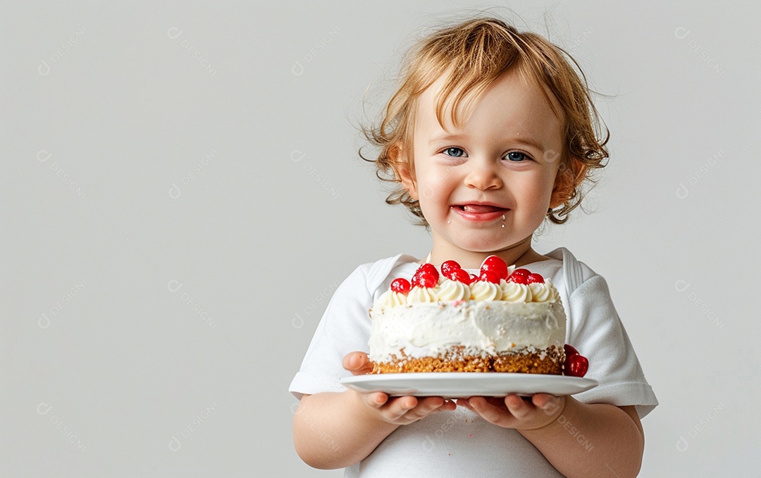 Lindo menino sorridente segurando uma criança de bolo de aniversário