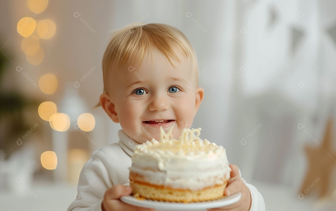 Lindo menino sorridente segurando uma criança de bolo de aniversário