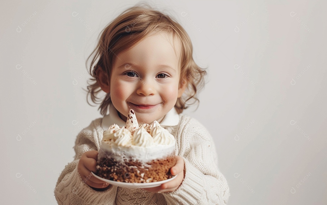 Lindo menino sorridente segurando uma criança de bolo de aniversário