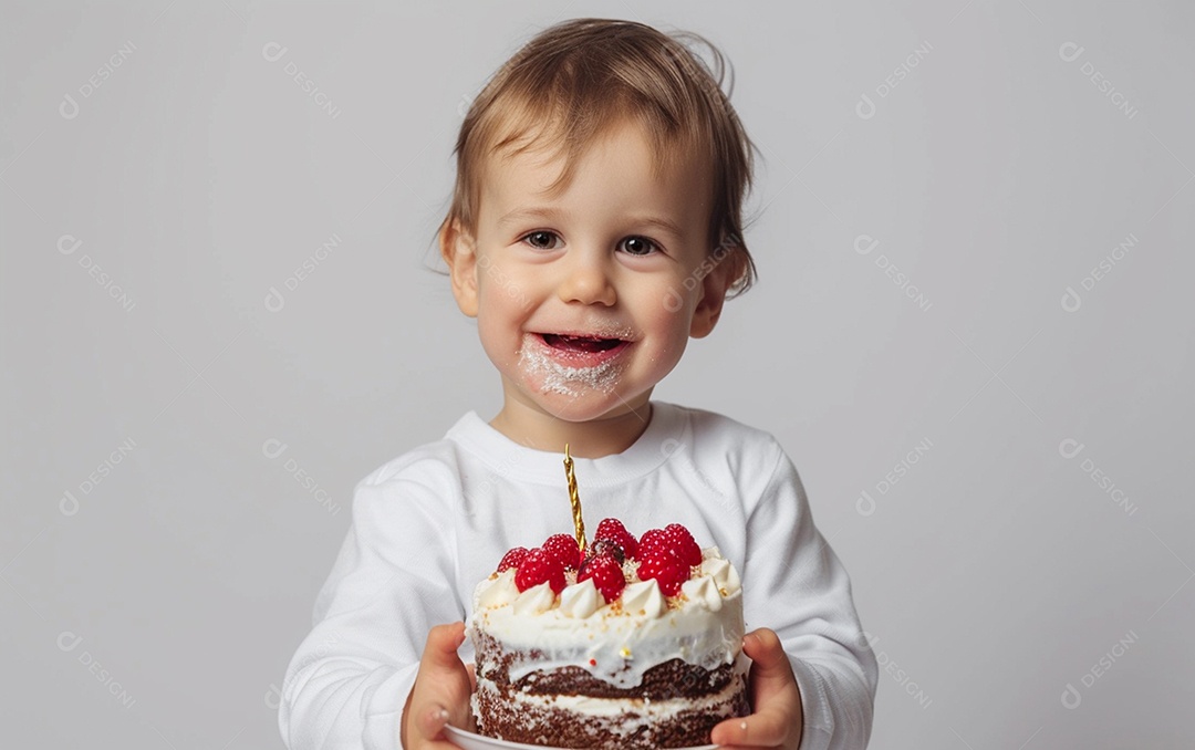 Lindo menino sorridente segurando uma criança de bolo de aniversário