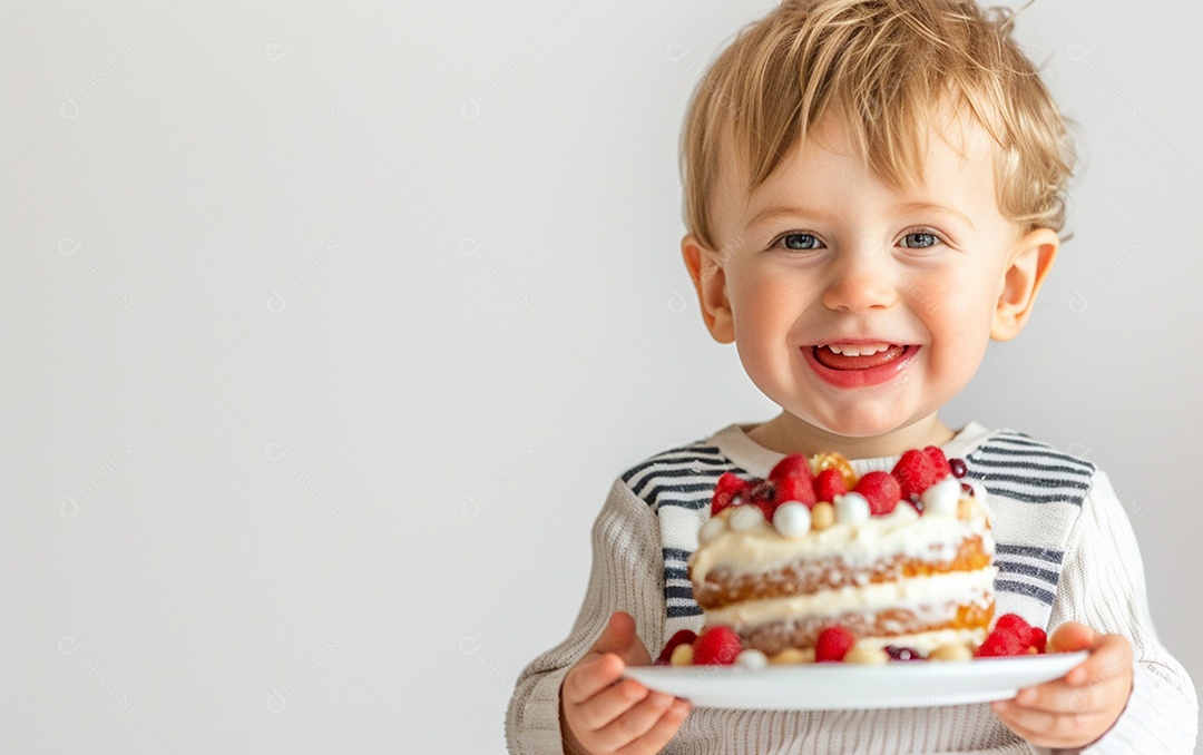 Lindo menino sorridente segurando uma criança de bolo de aniversário