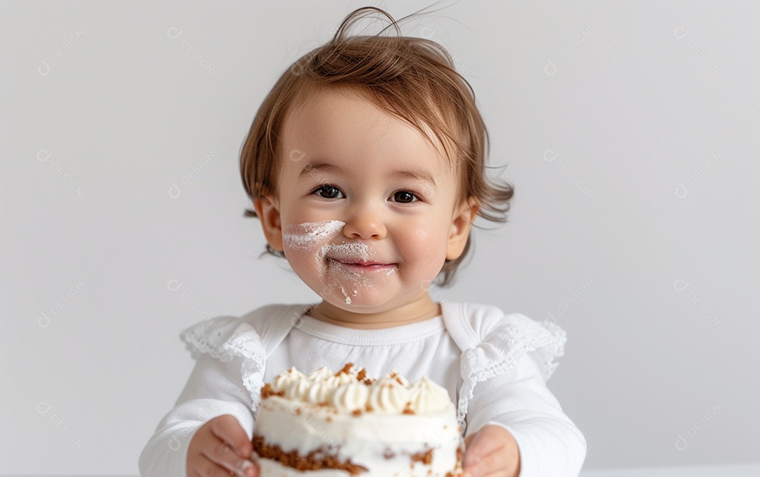 Lindo menino sorridente segurando uma criança de bolo de aniversário