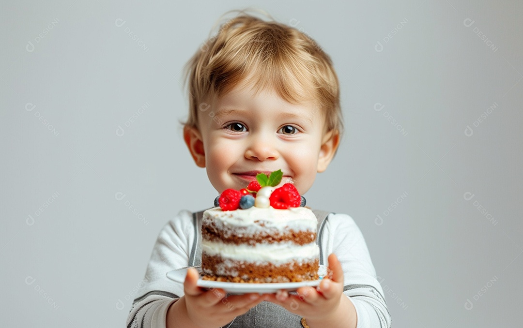 Lindo menino sorridente segurando uma criança de bolo de aniversário