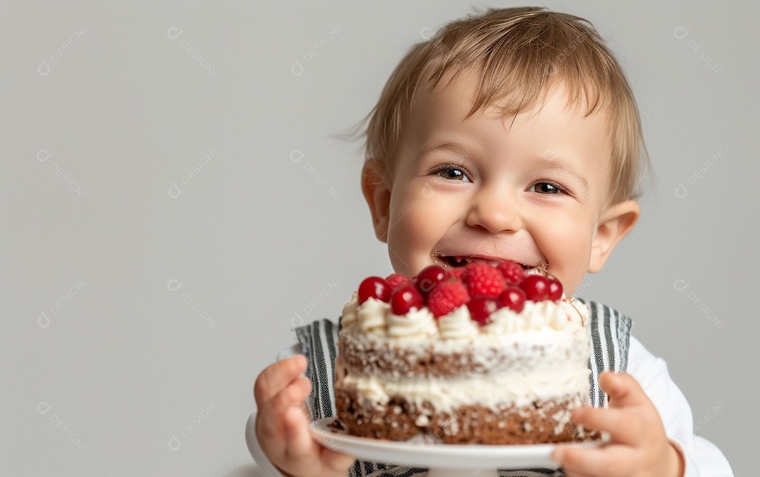 Lindo menino sorridente segurando uma criança de bolo de aniversário