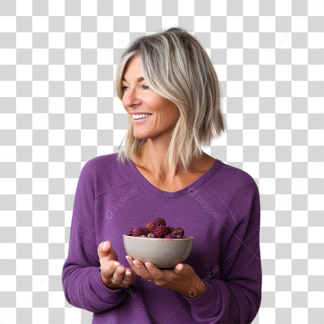 Mulher Segurando Vasilha com Salada de Frutas PNG Transparente