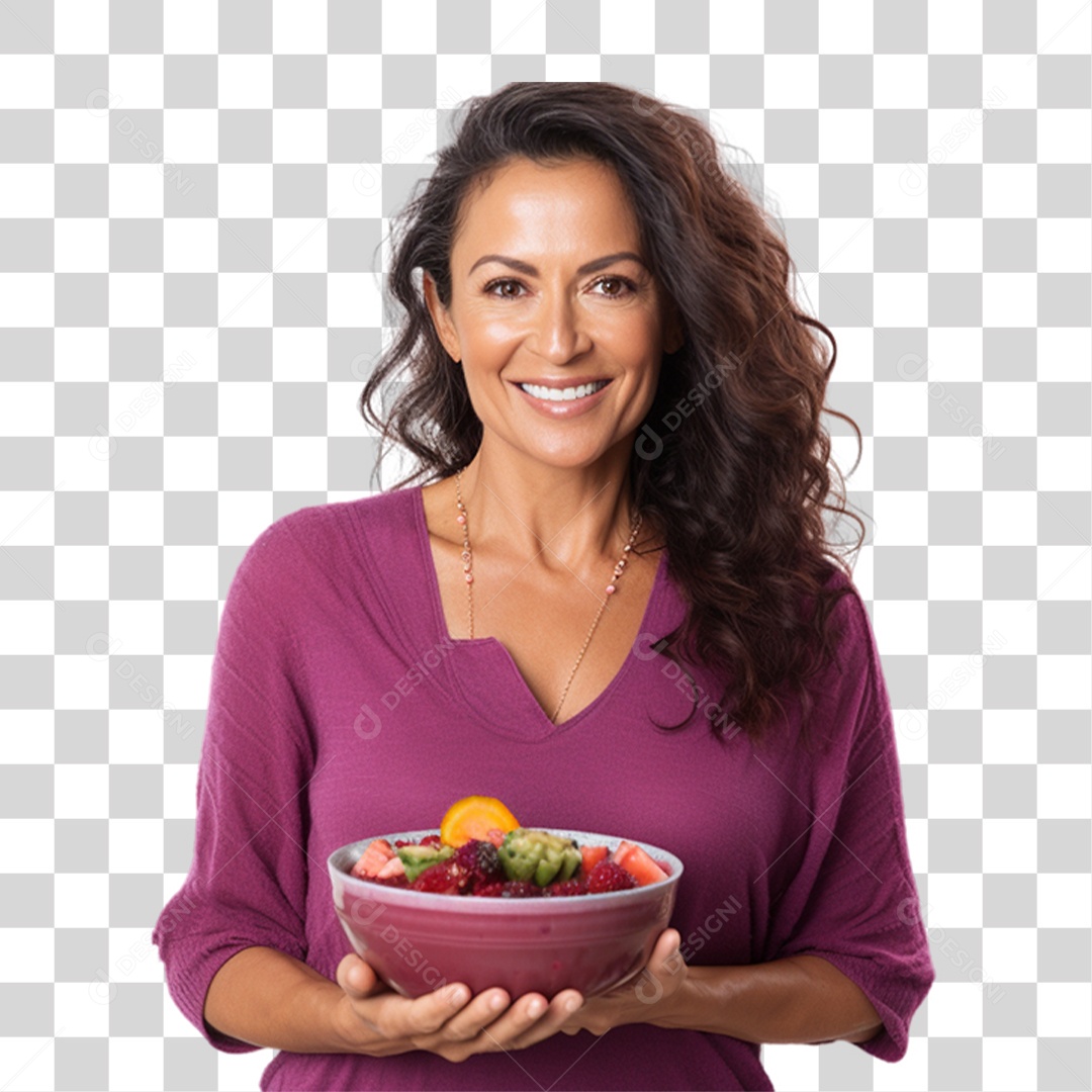Mulher Segurando Vasilha com Salada de Frutas PNG Transparente