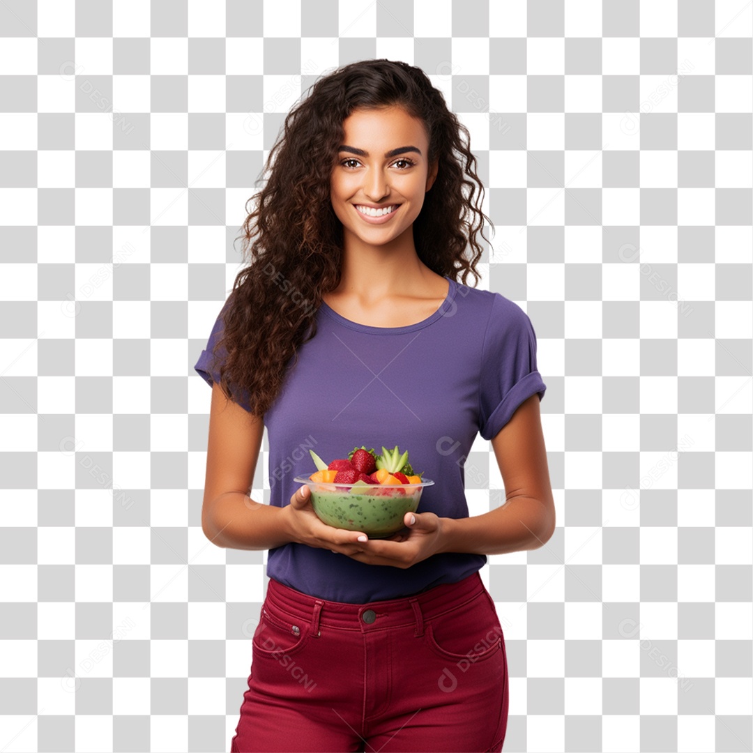 Mulher Segurando Vasilha com Salada de Frutas PNG Transparente