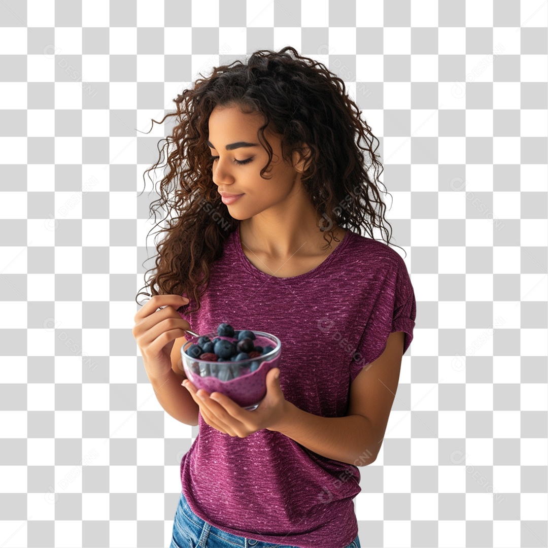 Mulher Segurando Vasilha com Salada de Frutas PNG Transparente