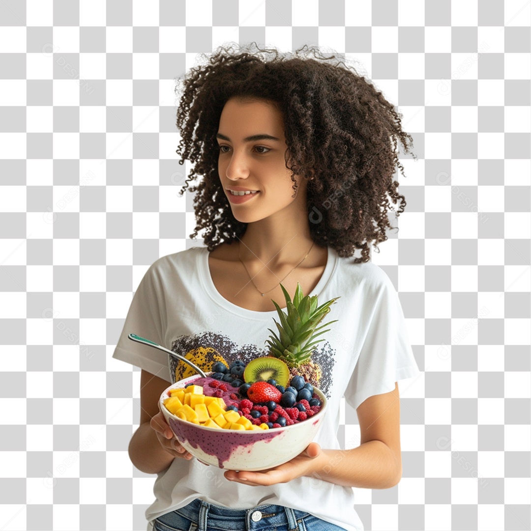 Mulher Segurando Vasilha com Salada de Frutas PNG Transparente