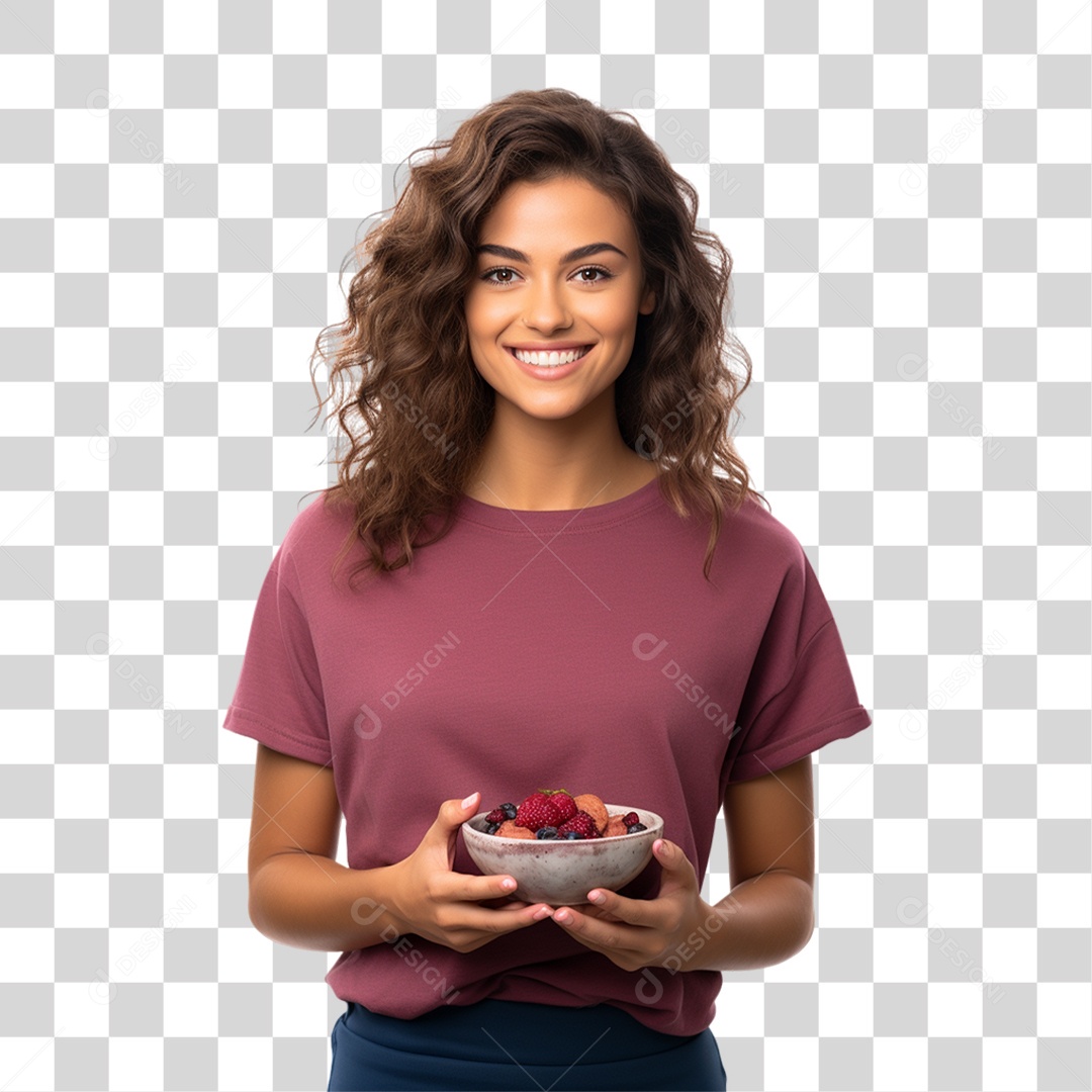 Mulher Segurando Vasilha com Salada de Frutas PNG Transparente