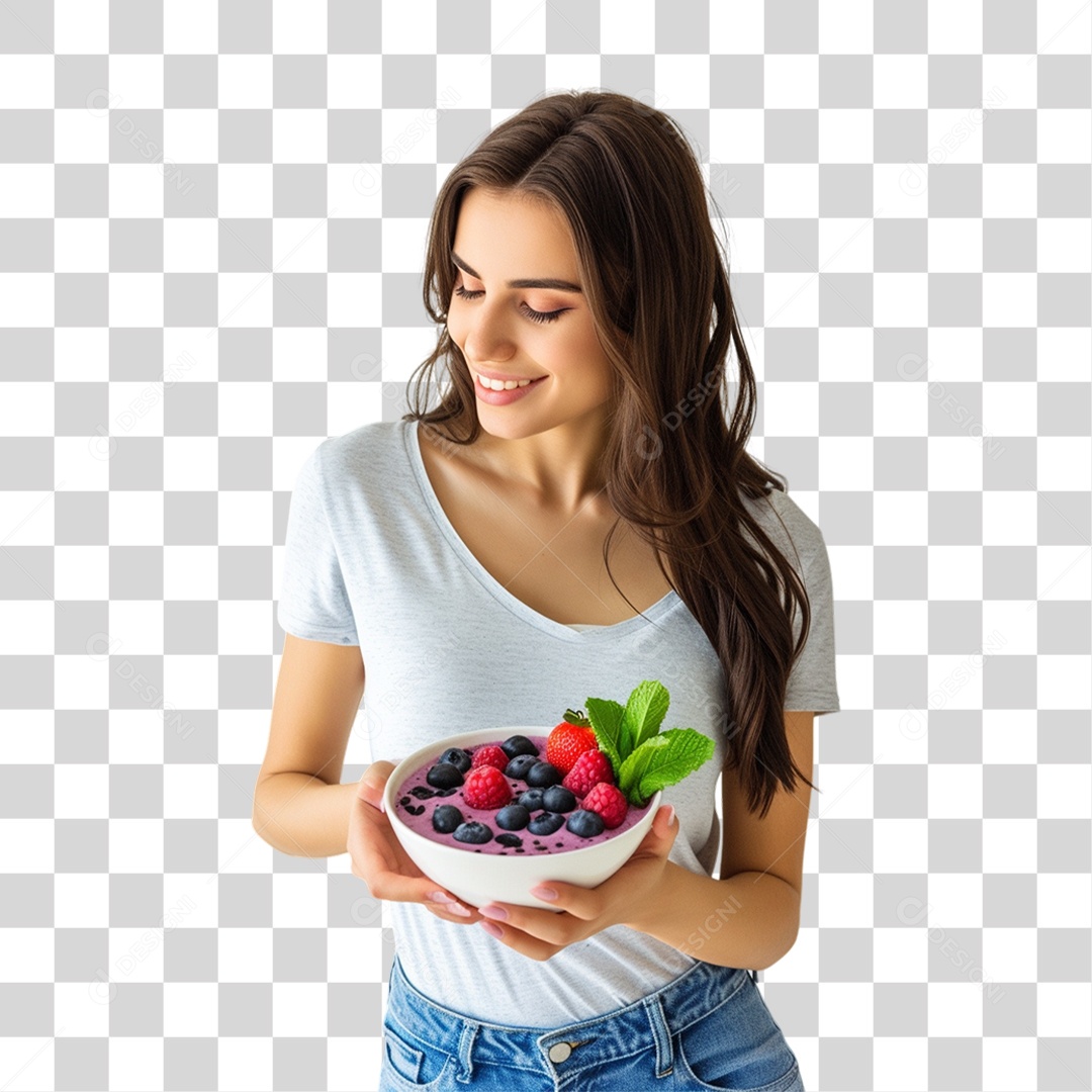 Mulher Segurando Vasilha com Salada de Frutas PNG Transparente