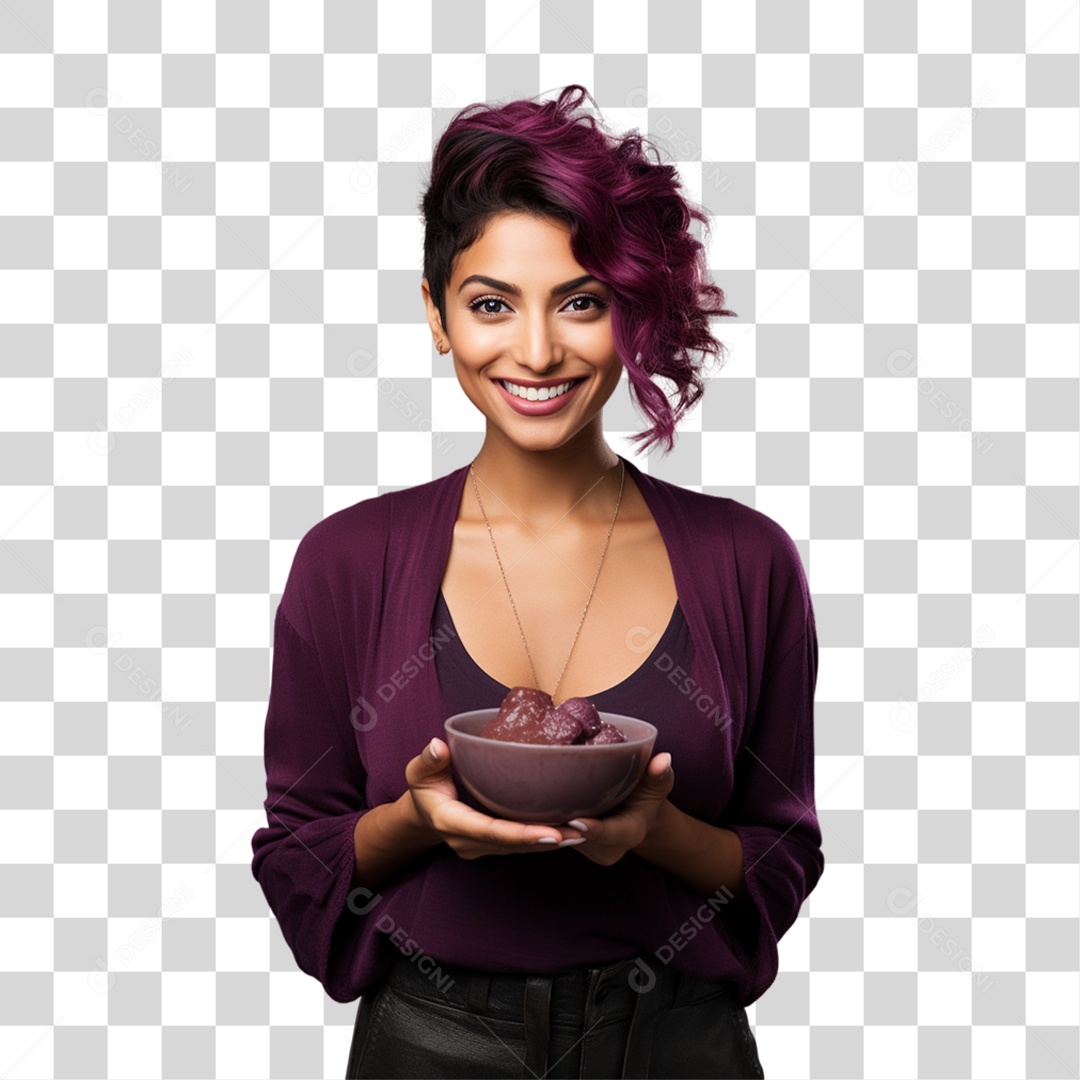 Mulher Segurando Vasilha com Salada de Frutas PNG Transparente