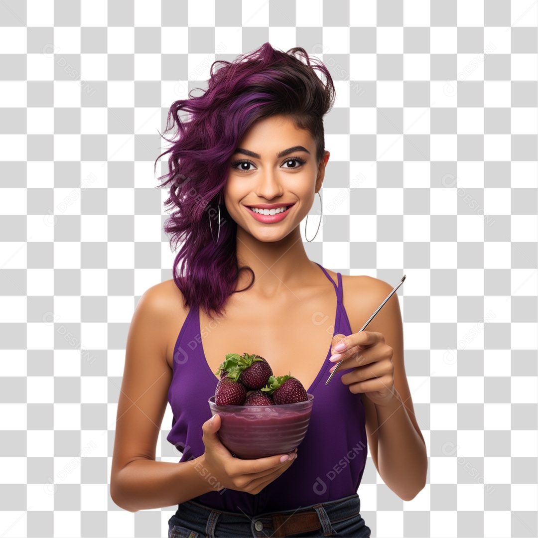 Mulher Segurando Vasilha com Salada de Frutas PNG Transparente