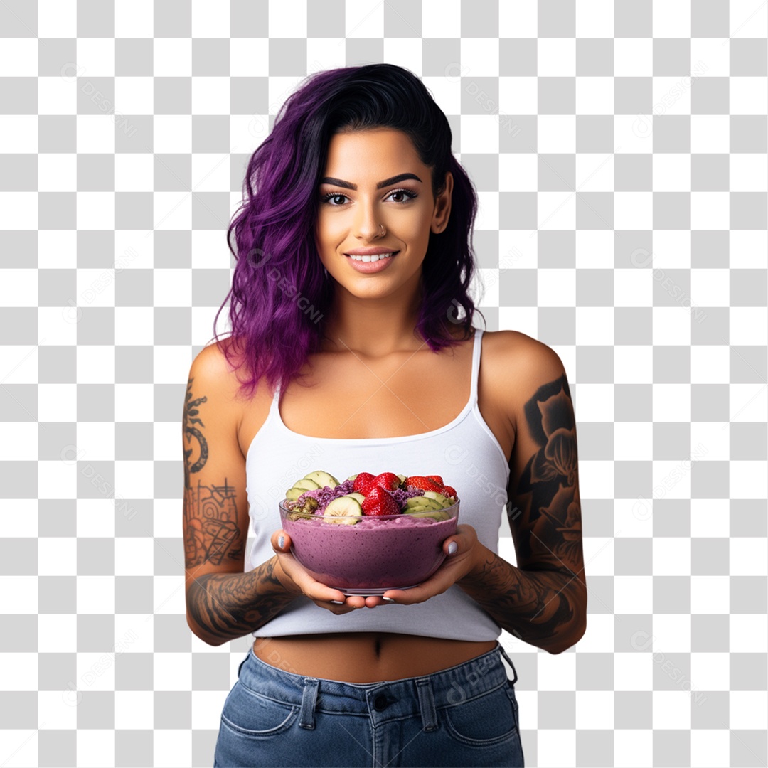 Mulher Segurando Vasilha com Salada de Frutas PNG Transparente