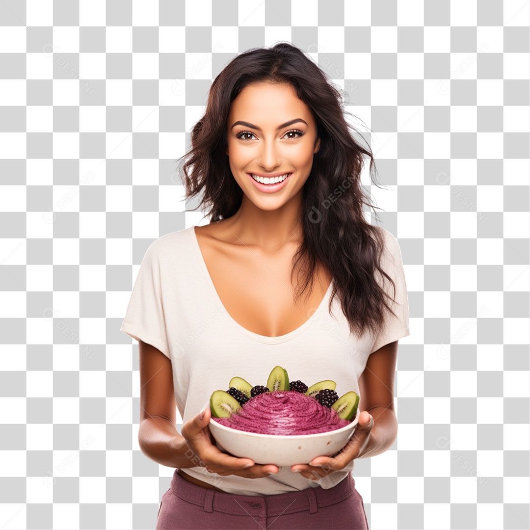 Mulher Segurando Vasilha com Salada de Frutas PNG Transparente