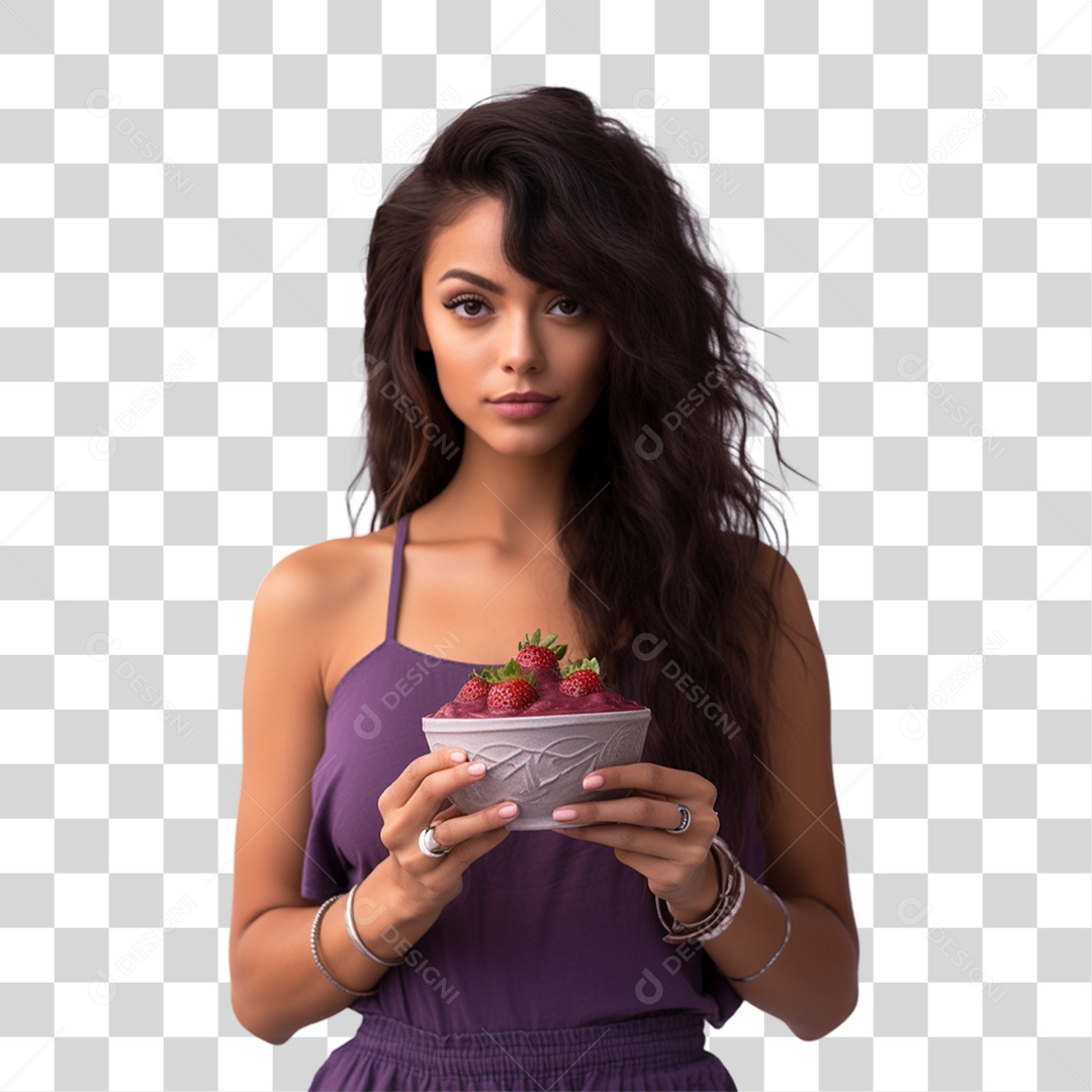 Mulher Segurando Vasilha com Salada de Frutas PNG Transparente