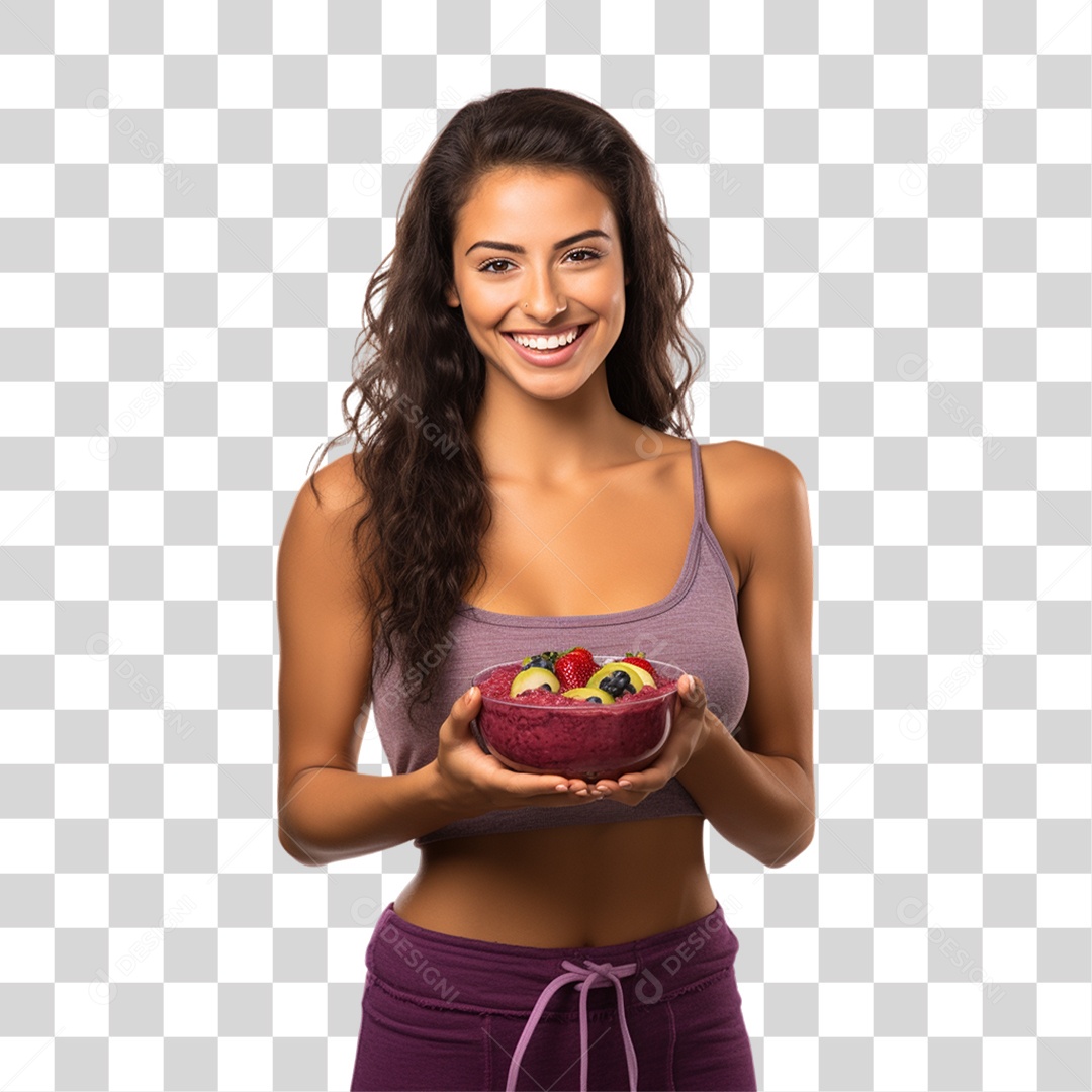 Mulher Segurando Vasilha com Salada de Frutas PNG Transparente