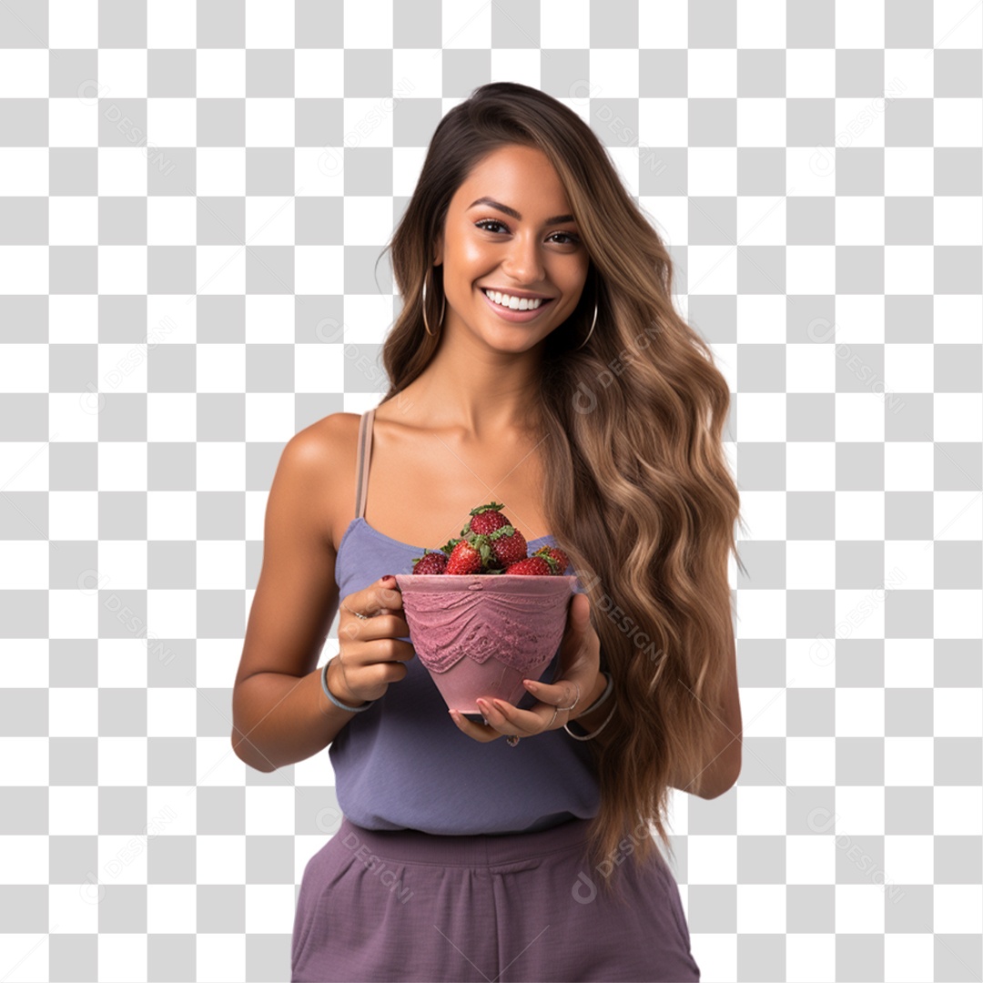 Mulher Segurando Vasilha com Salada de Frutas PNG Transparente
