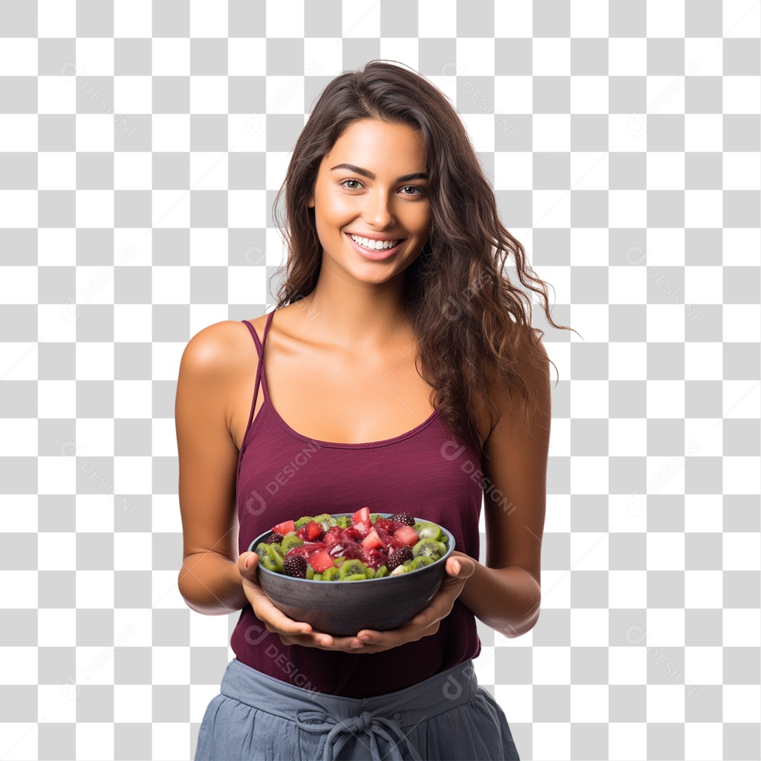 Mulher Segurando Vasilha com Salada de Frutas PNG Transparente