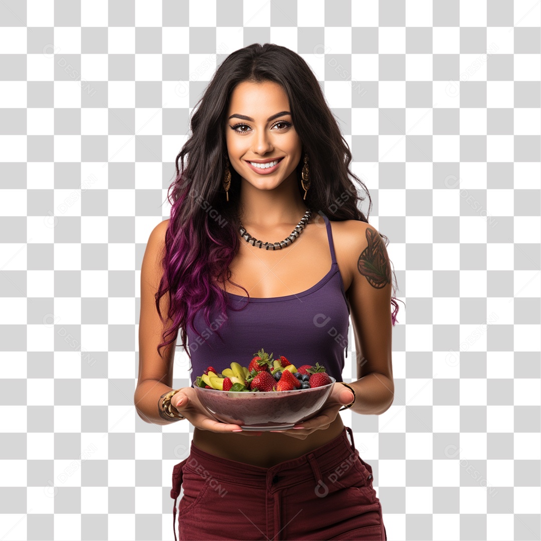Mulher Segurando Vasilha com Salada de Frutas PNG Transparente