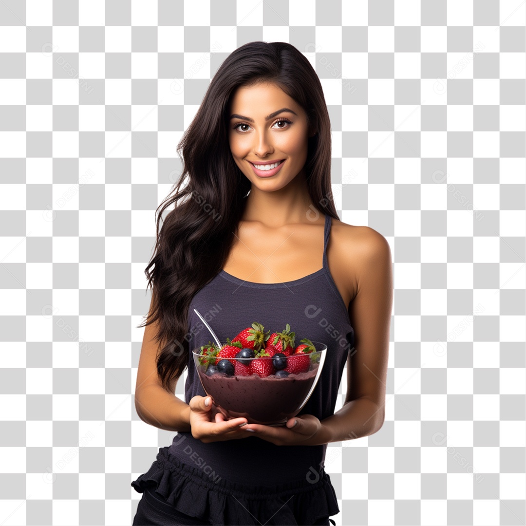 Mulher Segurando Vasilha com Salada de Frutas PNG Transparente