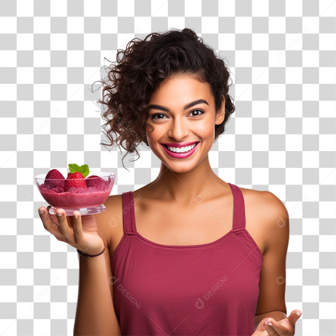 Mulher Segurando Vasilha com Salada de Frutas PNG Transparente