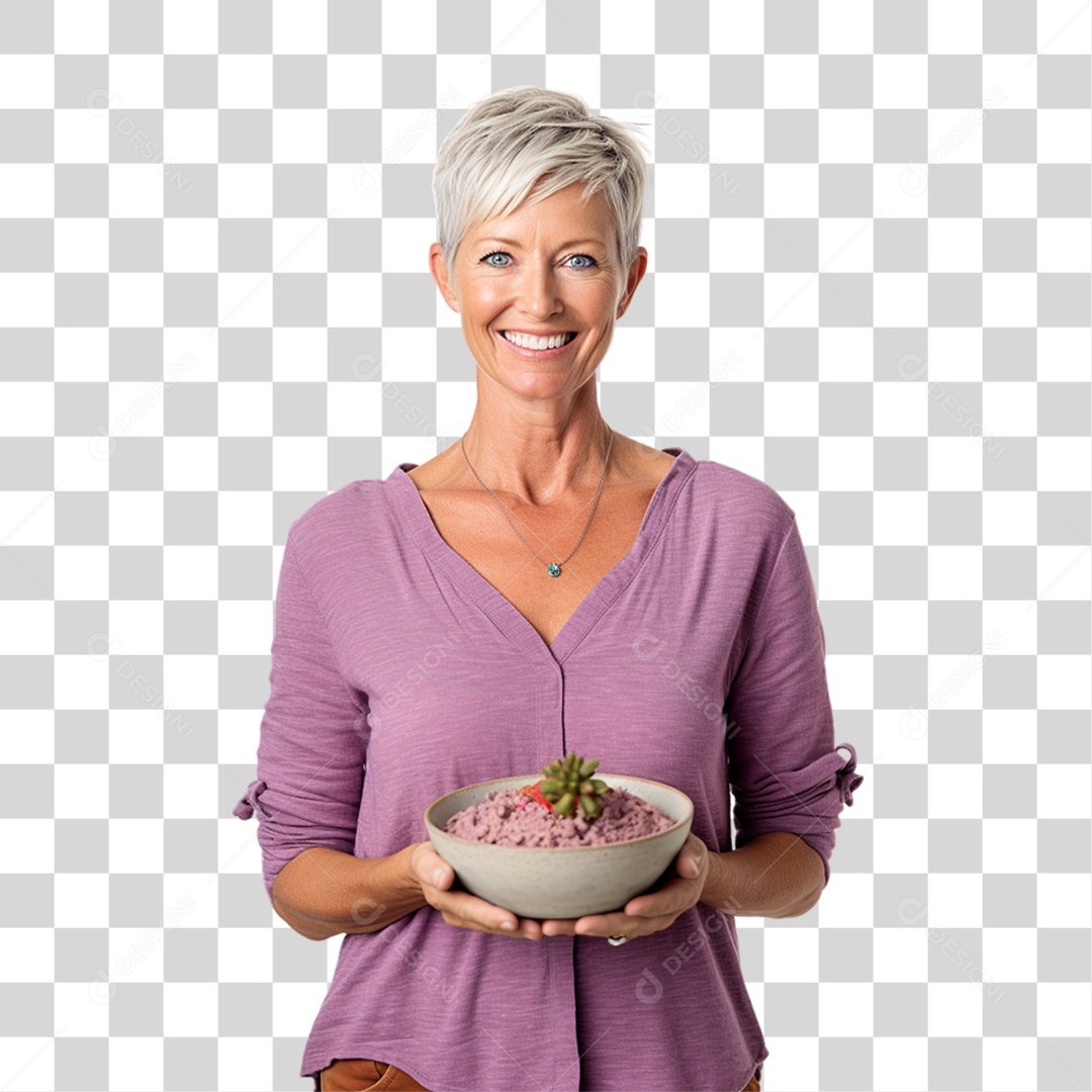 Mulher Segurando Vasilha com Salada de Frutas PNG Transparente