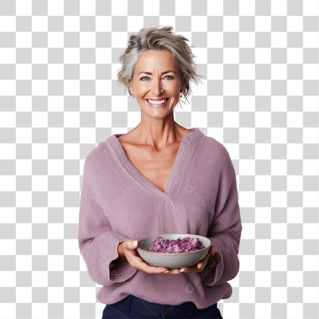 Mulher Segurando Vasilha com Salada de Frutas PNG Transparente