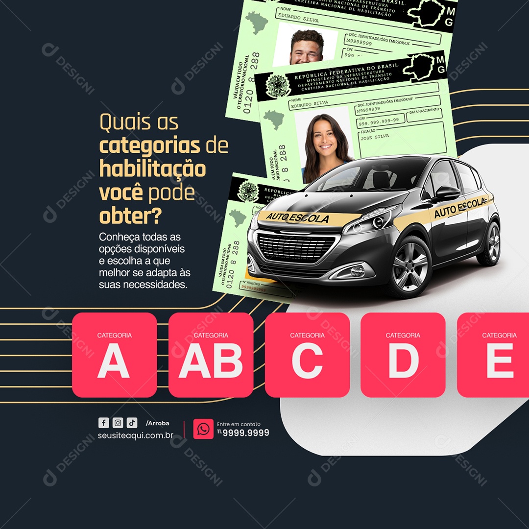 Auto Escola Quais as categorias de habilitação Você pode obter A B C D E Social Media PSD Editável