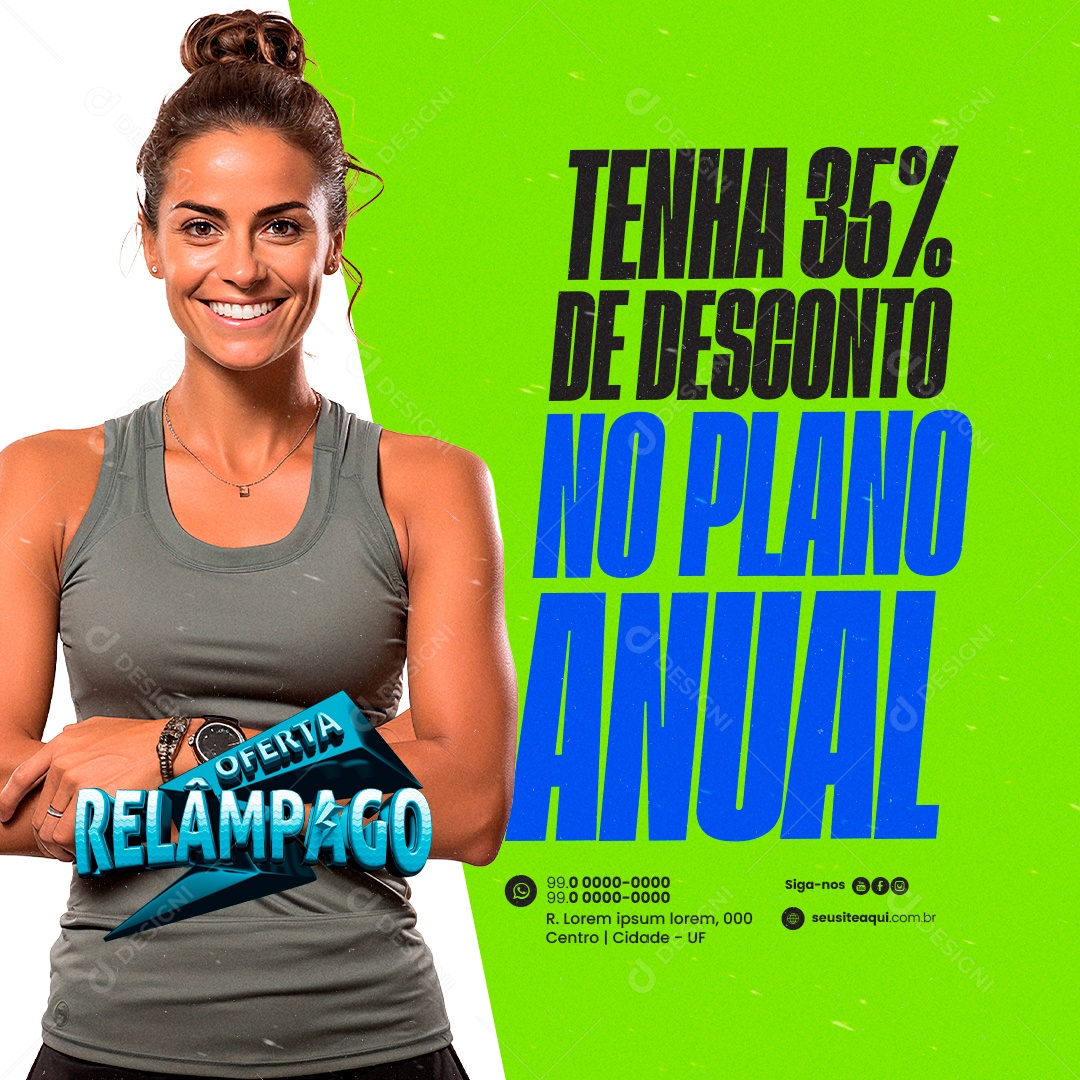 Academia Oferta Relâmpago Tenha 35% de Desconto no Plano Anual Social Media PSD Editável