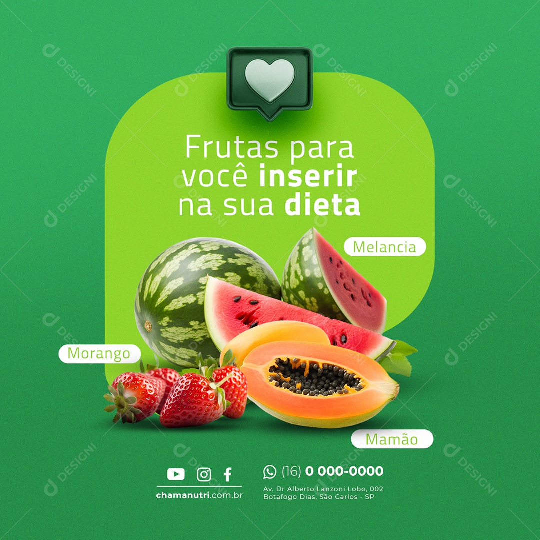Nutricionista Frutas para você inserir na sua dieta Morango Melancia Mamão Social Media PSD Editável