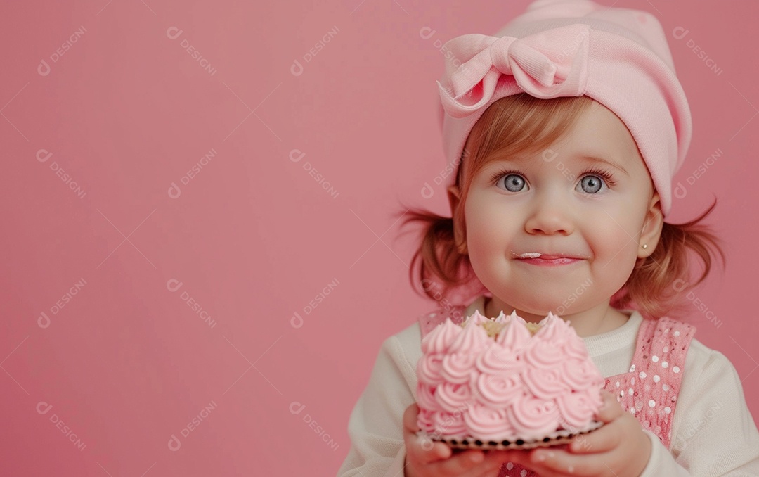 Menina com bolo mostrando sobremesa em cor sólida