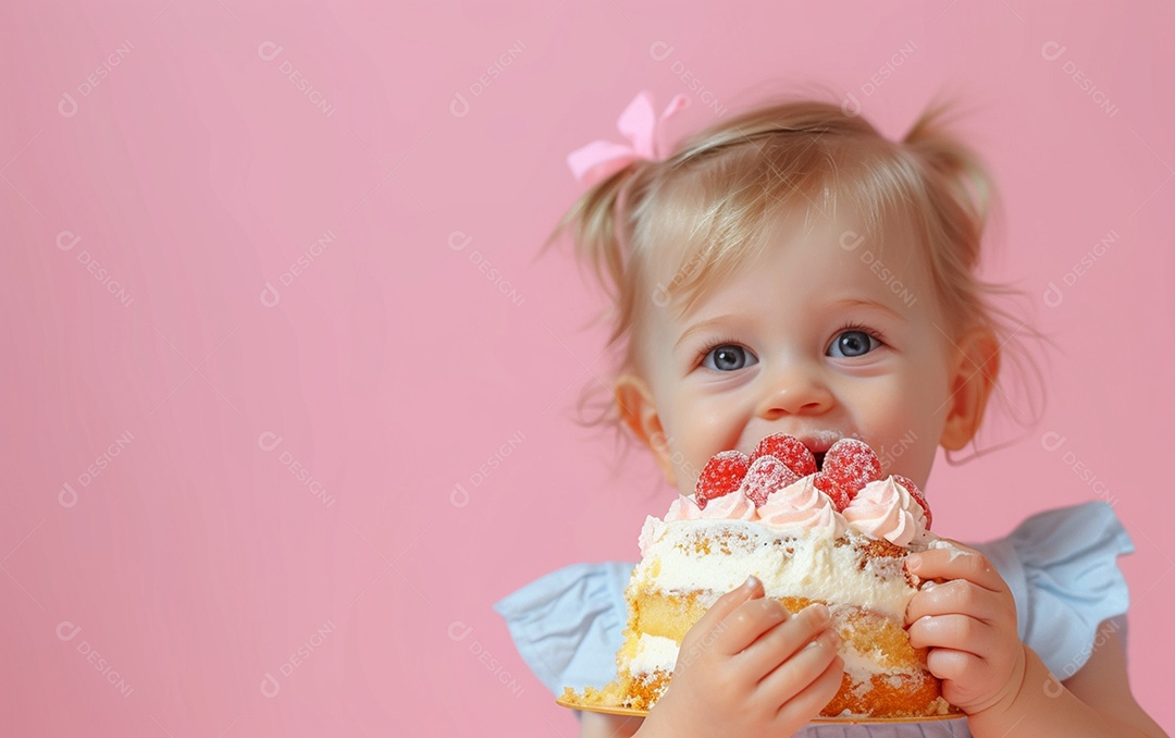 Menina com bolo mostrando sobremesa em cor sólida