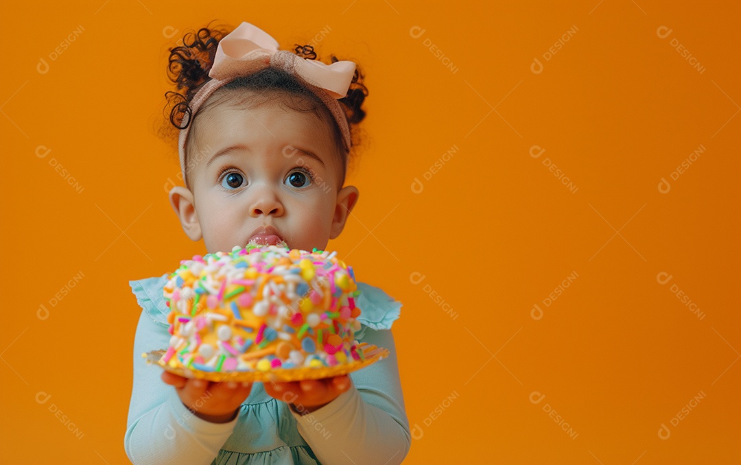 Menina com bolo mostrando sobremesa em cor sólida