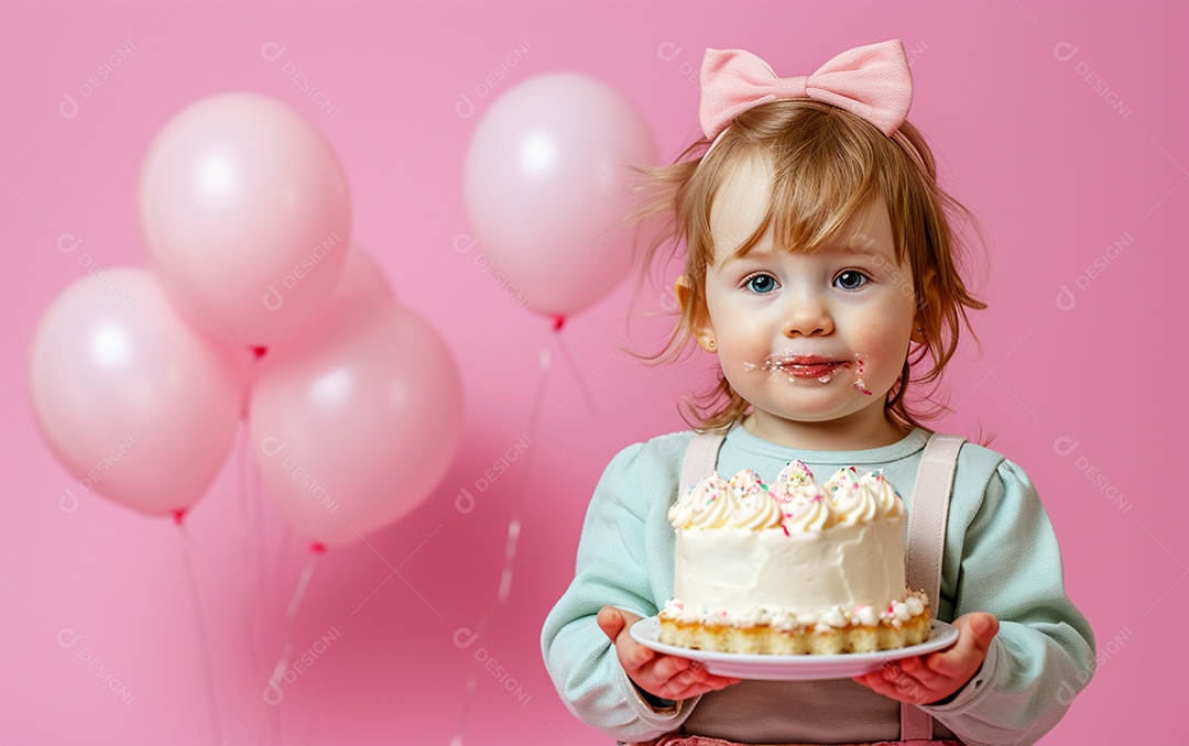 Menina com bolo mostrando sobremesa em cor sólida