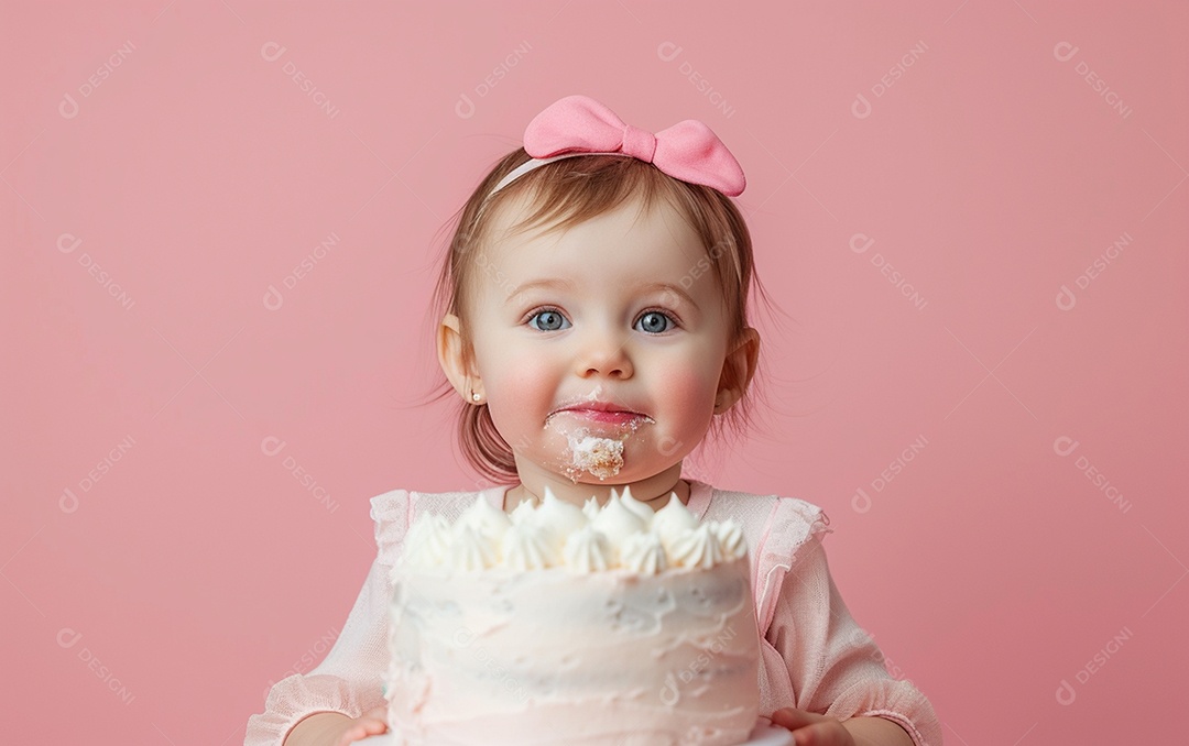 Menina com bolo mostrando sobremesa em cor sólida