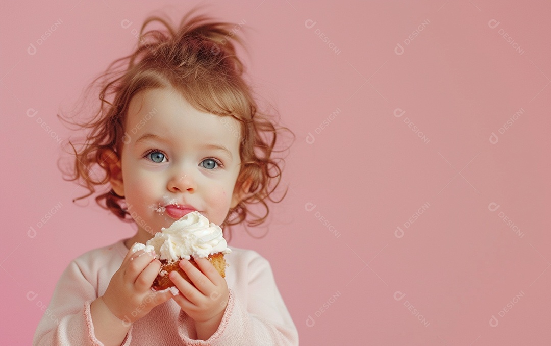 Menina com bolo mostrando sobremesa em cor sólida